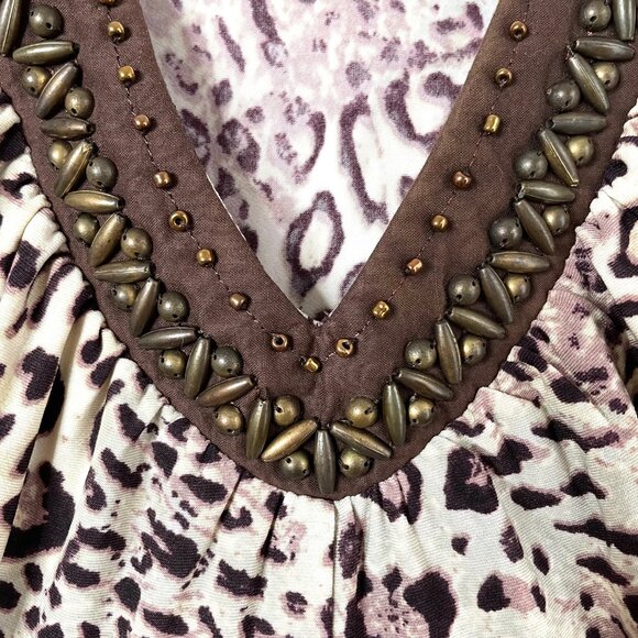 Boston Proper Shirt Womens S Brown Leopard Beaded Trim Long Sleeve Blouse NEW - Picture 3 of 9